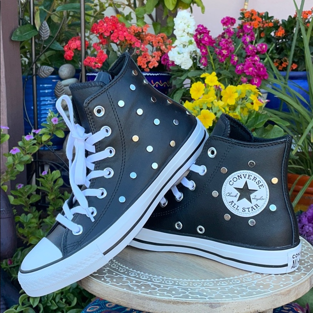 Leather & Silver Studded Converse Hi Tops Sz 7 - Picture 2 of 16